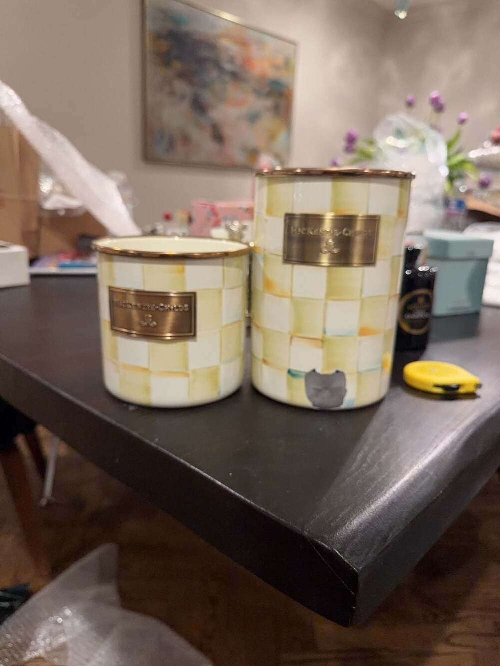 MacKenzie-Childs Parchment Check LOT 2 small & medium Canister NO LIDS DEFECT